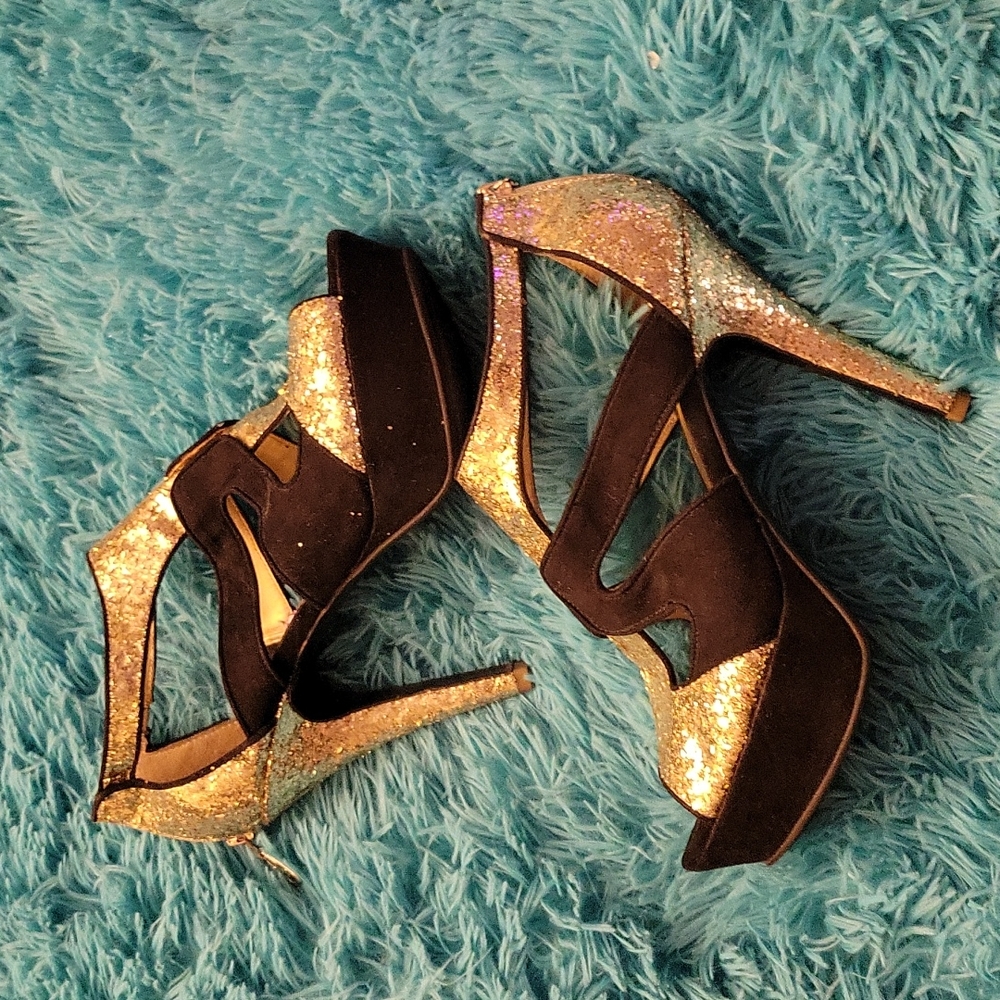 G by Guess Black and Gold Glitter Platform Heels